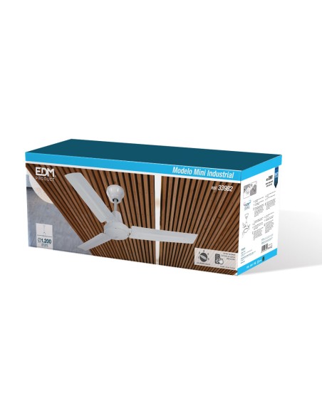 Ventilador de techo modelo mini industrial. color blanco potencia: 60w aspas: ø120cm con controlador de pared edm