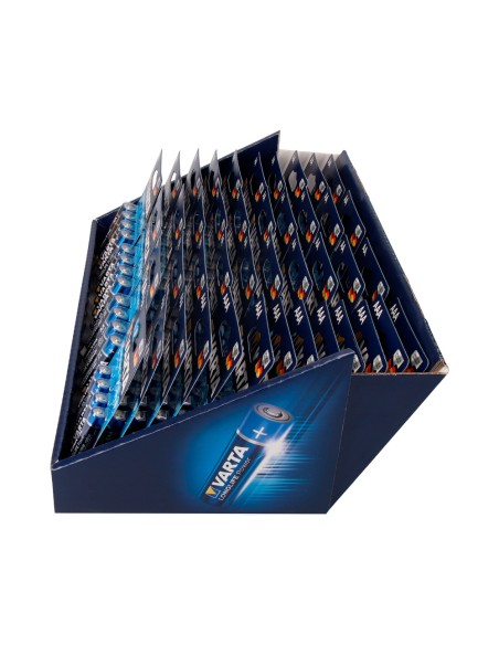 Expositor de carton de sobremesa varta he 30 blister lr06 aa 4 unid. + 13 blisters lr03 aaa 4 unid. varta 36x28x17cm