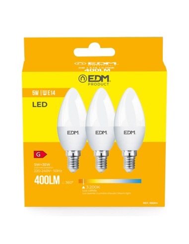 Kit 3 bombillas vela led e14 5 w 400 lm 3200 k...