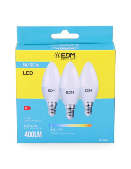 Kit 3 bombillas vela led e14 5 w 400 lm 6400 k luz fria ø3,6 x 10 cm
