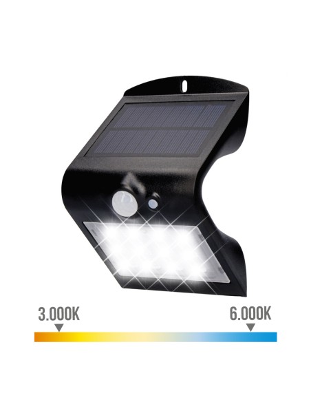 Aplique solar 1,5w 220lm recargable. sensor de presencia (2-6m) color negro 9,6x7,3x14cm edm