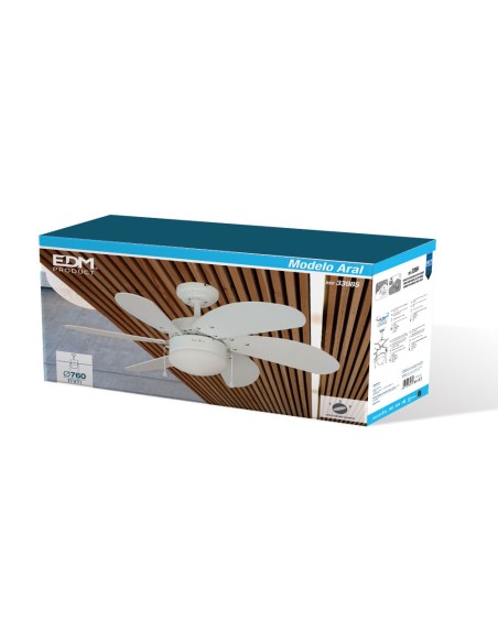 Ventilador de techo modelo aral. color blanco. potencia: 50w aspas: ø76cm edm