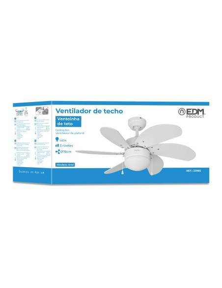 Ventilador de techo modelo aral. color blanco. potencia: 50w aspas: ø76cm edm