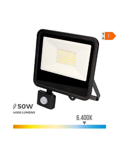 Foco proyector led con sensor de presencia 50 w 4000 lm 6400 k luz fria 23,8 x 4,5 x 19,2 cm