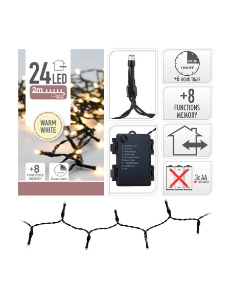 Guirnalda a pilas multifuncion 24 leds cable negro luz blanco calido 2,30m