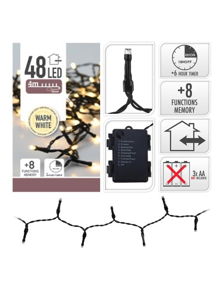 Guirnalda a pilas multifuncion 48 leds cable negro luz blanco calido 4m