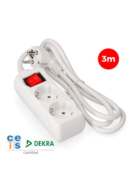 Prolongador con 2 tomas 2p+t, 16 a 250 v de cable h05vv-f 3g + interruptor luminoso 3 m.