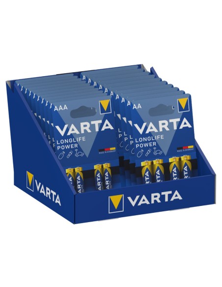 Expositor de carton de sobremesa de pilas varta "long life" 10 blisters 4xaaa lr03 +10 blisters 4xaa lr06 varta 27x18x17cm