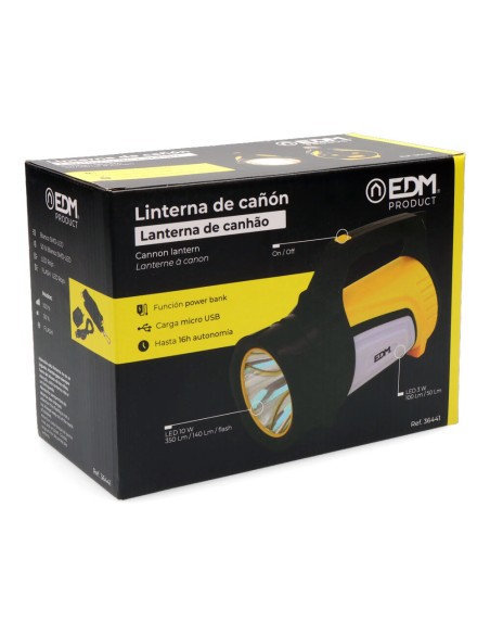Linterna de cañón multifuncion. luz principal 10w 350lm + lateral 3w 100lm + lateral rojo 3w 20 lm y power bank