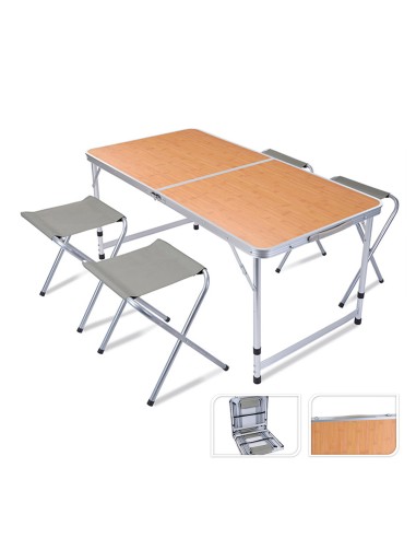 Conjunto de camping. mesa con 4 sillas de aluminio plegables 120x60x70cm