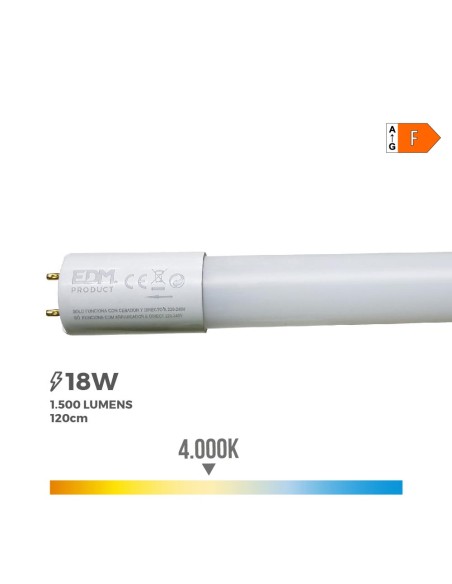 Tubo led t8 18 w 1950 lm 4000 k luz dia (eq.36w) ø2,6 x 120 cm