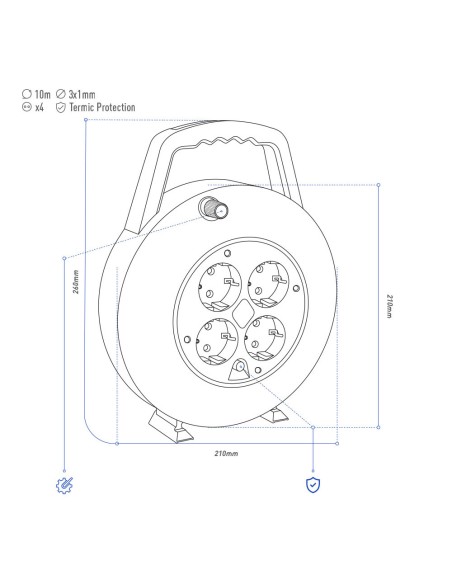 Enrollacables 10 m 3 g 1,00 mm² 4 tomas bipolares con t/tl hogar con protector termico