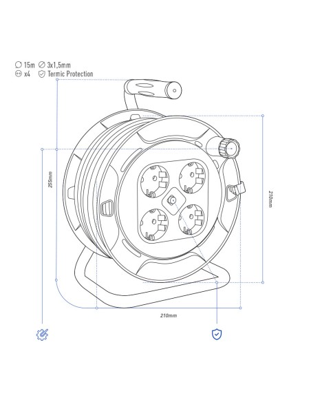 Enrollacables 15 m 3 g 1,50 mm² 4 tomas bipolares con t/tl profesional con protector termico