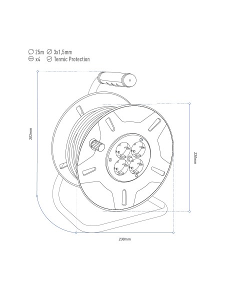 Enrollacables 25 m 3 g 1,50 mm² 4 tomas bipolares con t/tl con protector térmico