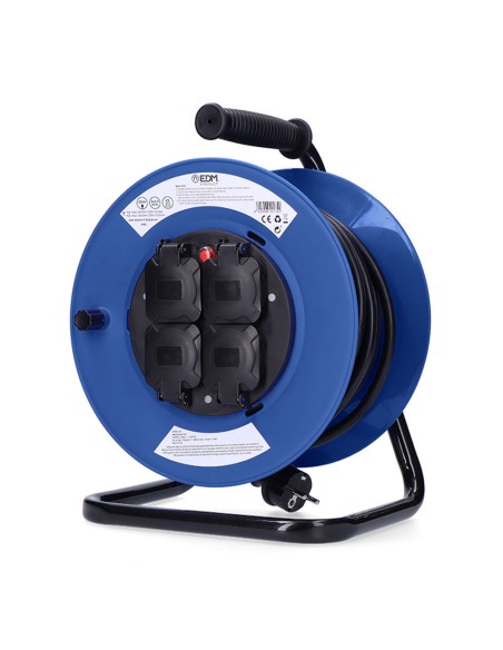 Enrollacables 25 m 3 g 2,50 mm² 4 tomas bipolares con t/tl con tapas profesional con protector termico 3000w 230v