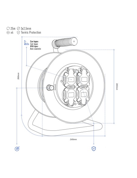 Enrollacables 25 m 3 g 2,50 mm² 4 tomas bipolares con t/tl con tapas profesional con protector termico 3000w 230v