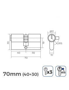 Cilindro 70mm (40+30mm) niquelado, leva larga r15 con 3 llaves de serreta incluidas 2