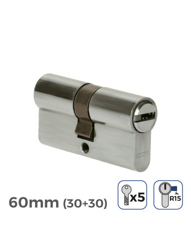Cilindro 60mm (30+30mm) niquelado, leva larga r15 con 5 llaves seguridad incluidas