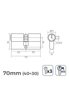 Cilindro 70mm (40+30mm) niquelado, leva corta r13 con 3 llaves de serreta incluidas 2