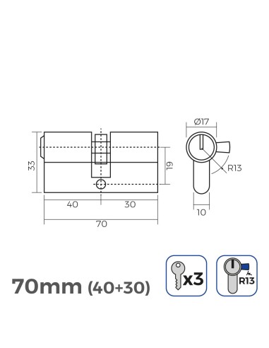Cilindro 70mm (40+30mm) niquelado, leva corta...