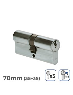 Cilindro 70mm (35+35mm) niquelado, leva corta r13 con 3 llaves de serreta incluidas