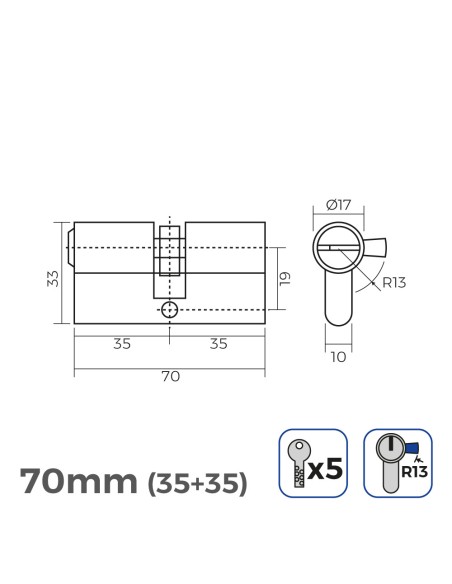 Cilindro 70mm (35+35mm) niquelado, leva corta r13 con 5 llaves seguridad incluidas