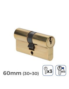 Cilindro latón 60mm (30+30mm) leva corta r13 con 3 llaves de serreta incluidas