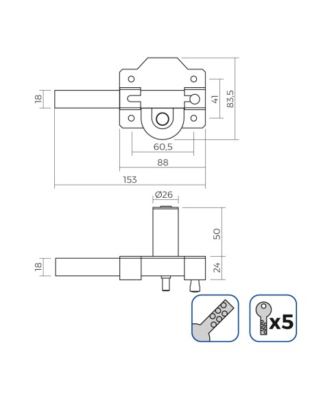 Cerrojo de superficie dorado con cilindro redondo de seguridad y pestillo apertura