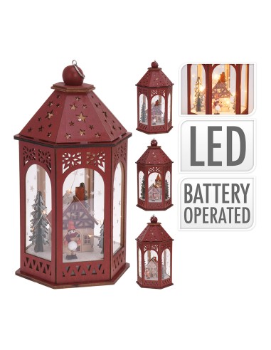 Farolillo led de madera con escena navideña, modelo variados 16 x 14 x 29 cm