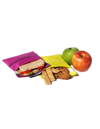 Porta snacks reutilizables snack'n'go lila-amarillo 14x14cm y 20x20cm, 2 unidades