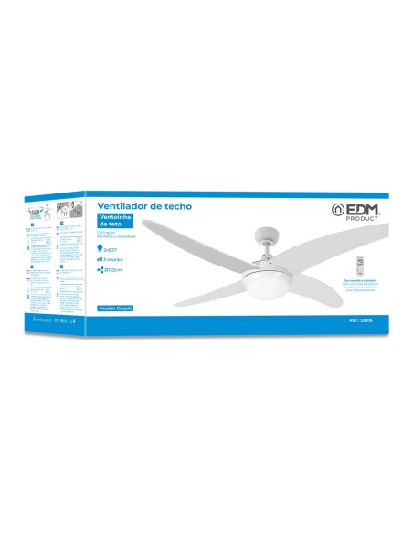 Ventilador de techo modelo caspio. color blanco. potencia: 60w aspas: ø132cm con mando a distancia edm