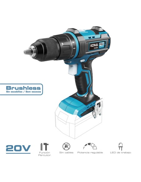 Taladro percutor/atornillador 20 v brushless (sin batería ni cargador) portabrocas ø13mm 22x25cm