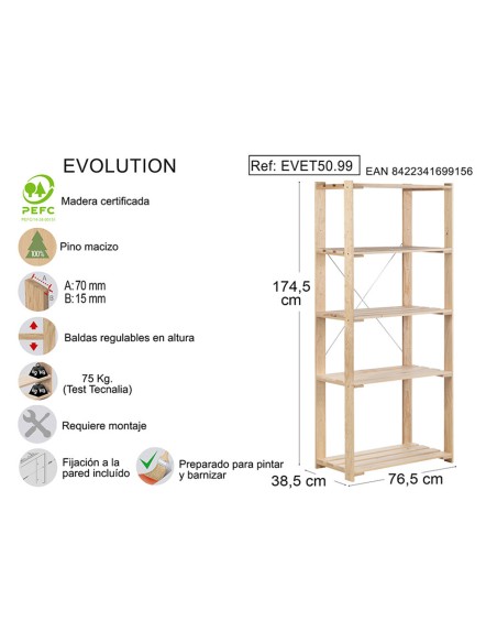 Estanteria alistonada evolution 5 pino macizo 76,5 x 38,5 x 174,5 cm