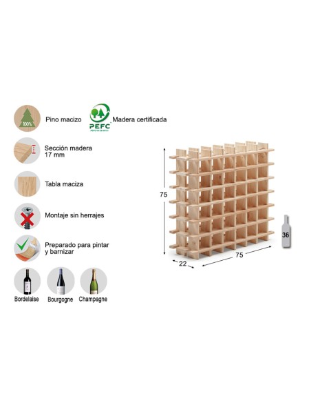 Botellero de pino macizo evolutivo rioja para 36 botellas 75 x 22 x 75 cm