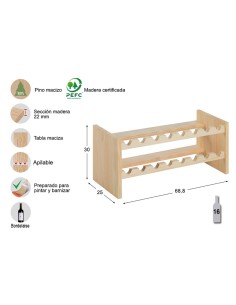 Botellero de pino macizo merlot para 16 botellas 68,8 x 25 x 30cm