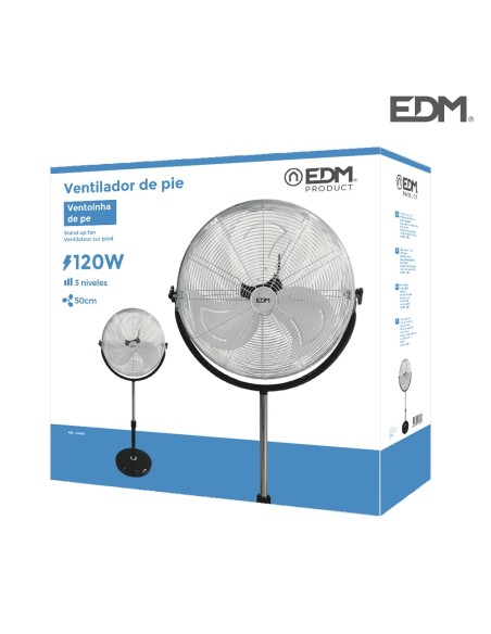 Ventilador de pie industrial base circular, cromado/negro, potencia 120 w, aspas ø50 cm, altura regulable 118-148 cm