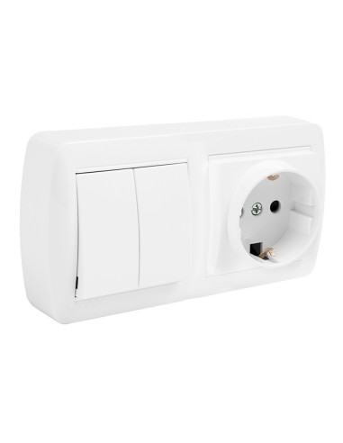 Base 2p+t tipo f bipolar con t/tl, doble conmutador y con obturador superficie mural 148 x 72 x 42 mm