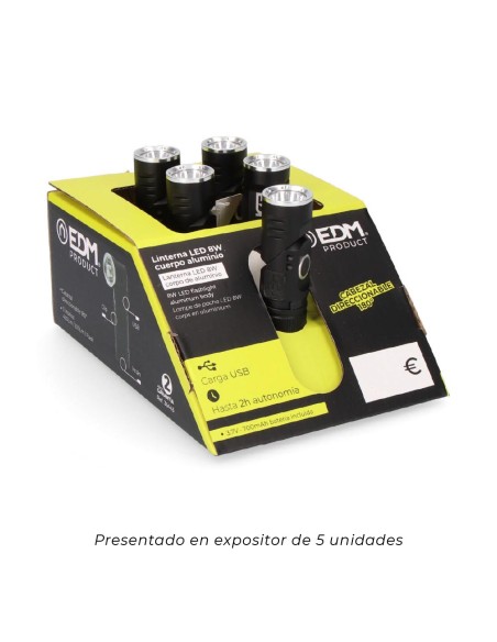 Linterna mini led 8w 450 lm. cuerpo aluminio, cabezal direccionable. recargable