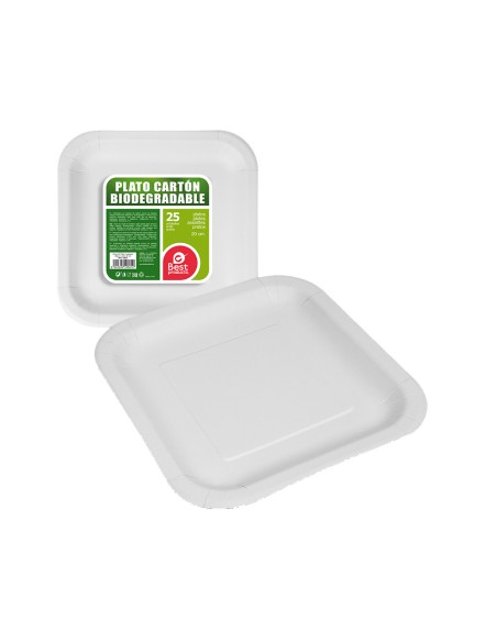 Pack con 25 unid. platos cuadrados blancos de cartón 20x20x3cm best products green