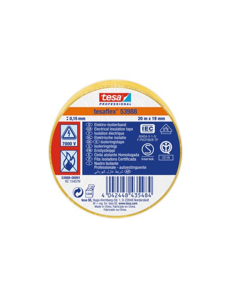 Cinta aislante homologada amarilla 20 m x 19 mm
