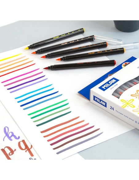 Rotuladores base agua de punta de pincel colores surtidos, caja 24 uds