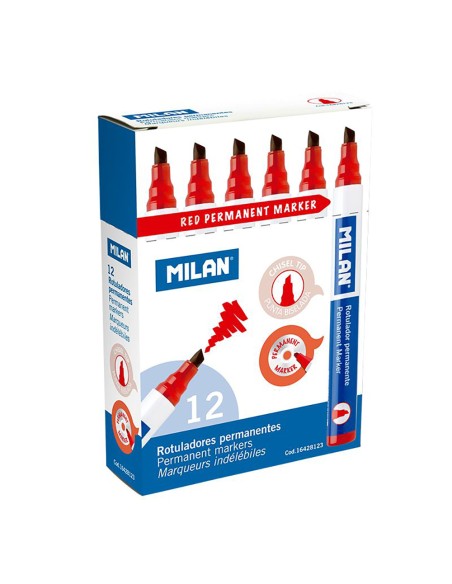 Rotuladores permanentes punta biselada rojo, caja 12 uds