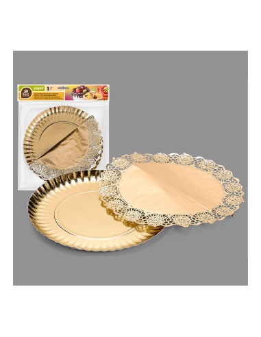 Bolsa con 1 bandeja redonda con blonda oro ø23cm