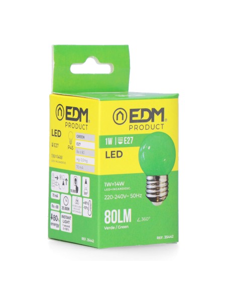 Bombilla esferica led e27 1 w 80 lm luz verde ø45 x 69 mm