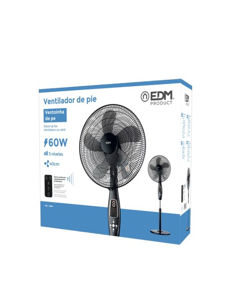 Ventilador de pie mando a distancia, negro, potencia 60 w, aspas ø40 cm, altura regulable 110-130 cm