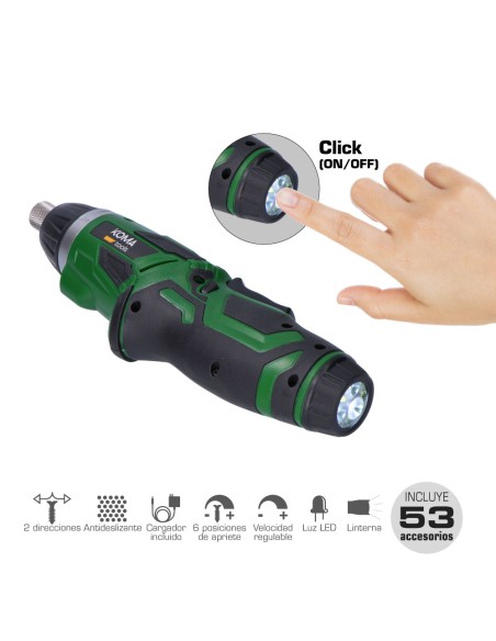 Atornillador a bateria reversible 3,6 v litio 1300mah con 53 accesorios 17,5 x 14,8 cm