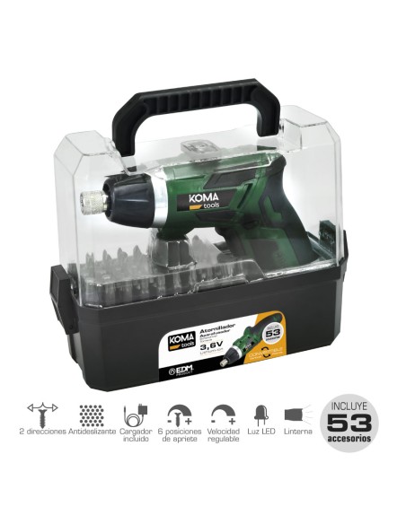 Atornillador a bateria reversible 3,6 v litio 1300mah con 53 accesorios 17,5 x 14,8 cm