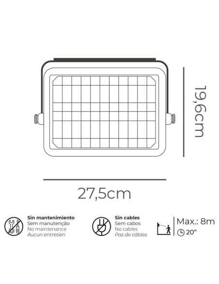 Aplique solar 10w 1150lm recargable. sensor presencia (2-8m) color negro 27,5x19,6cm edm