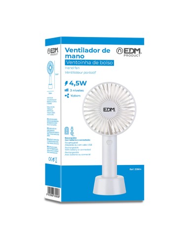 Ventilador de mano, recargable. 4,5 w aspas...