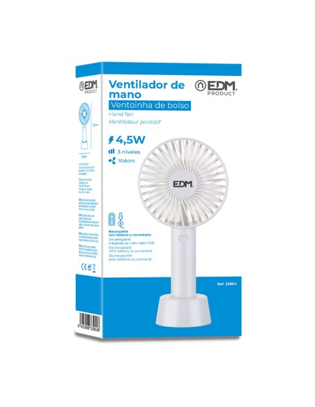 Ventilador de mano, recargable. 4,5 w aspas 10,6 x 6,5 x 22 cm